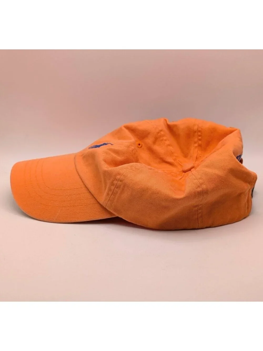 Vintage Polo Ralph Lauren Hat Orange Blue Pony Logo Leather Strap Back Y2K